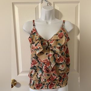 Tan & Floral print Tank Blouse - frilly vneckline